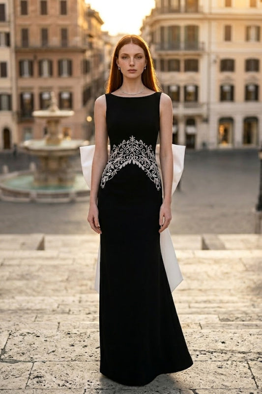 Black and White Sheath Bateau Long Prom Dress with Bow