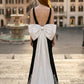Black and White Sheath Bateau Long Prom Dress with Bow