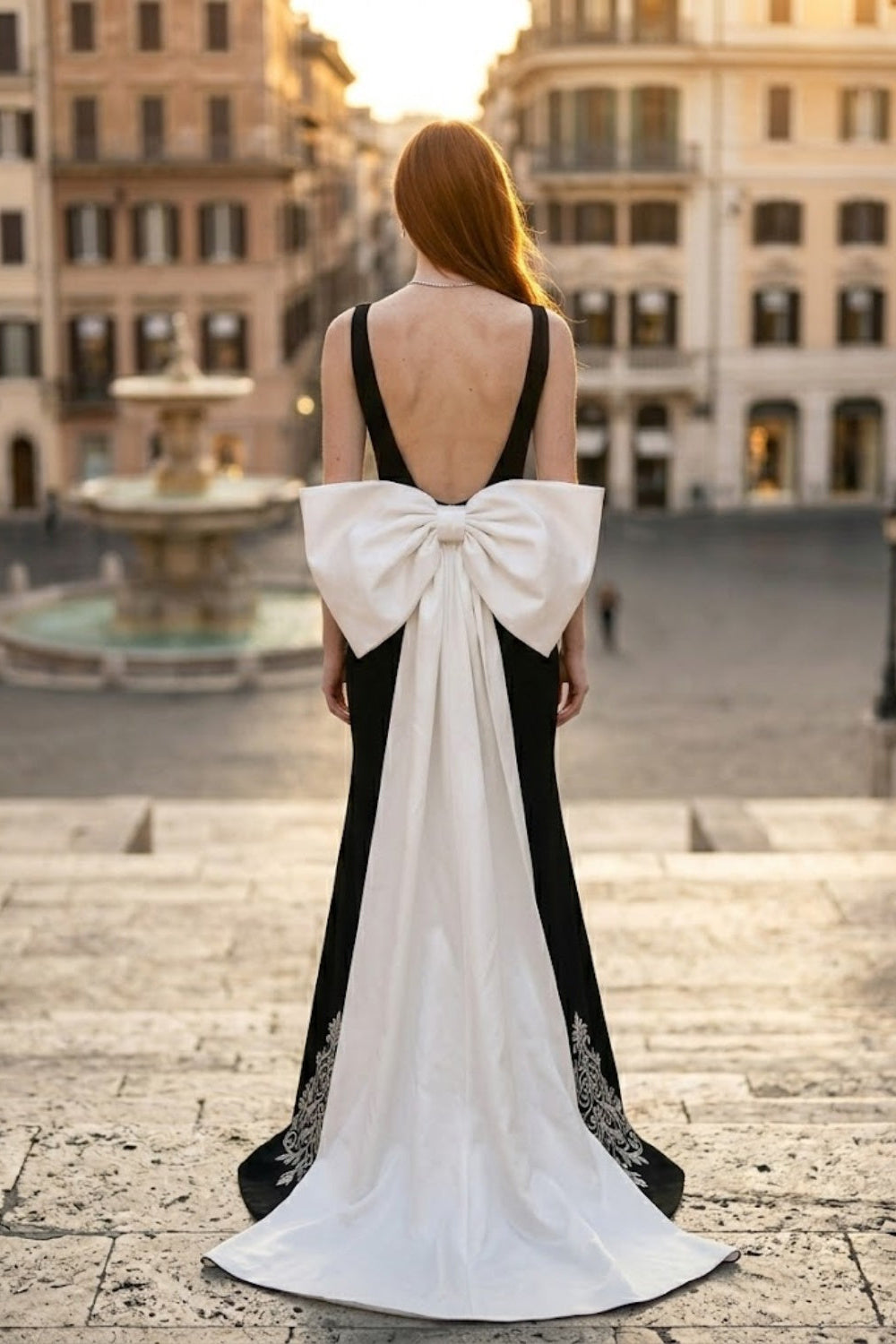 Black and White Sheath Bateau Long Prom Dress with Bow