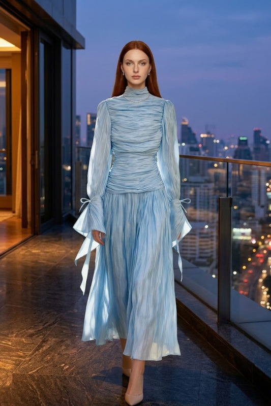Sequin Blue A Line High Neck Long Prom Dress with Pleats