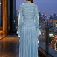 Sequin Blue A Line High Neck Long Prom Dress with Pleats