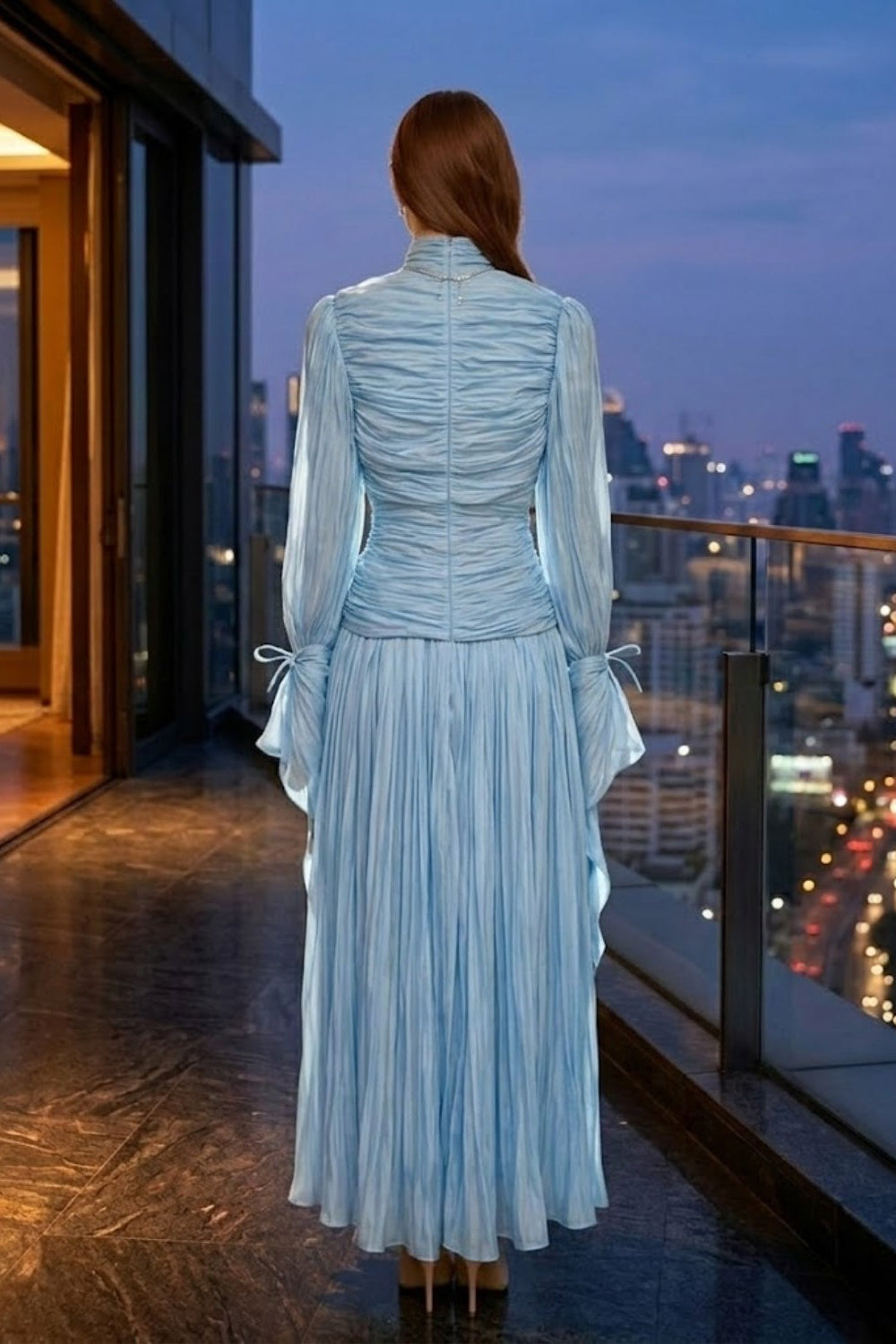 Sequin Blue A Line High Neck Long Prom Dress with Pleats