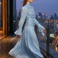 Sequin Blue A Line High Neck Long Prom Dress with Pleats