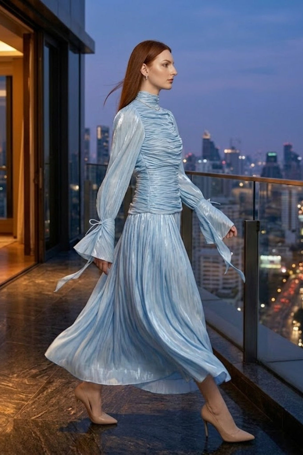 Sequin Blue A Line High Neck Long Prom Dress with Pleats