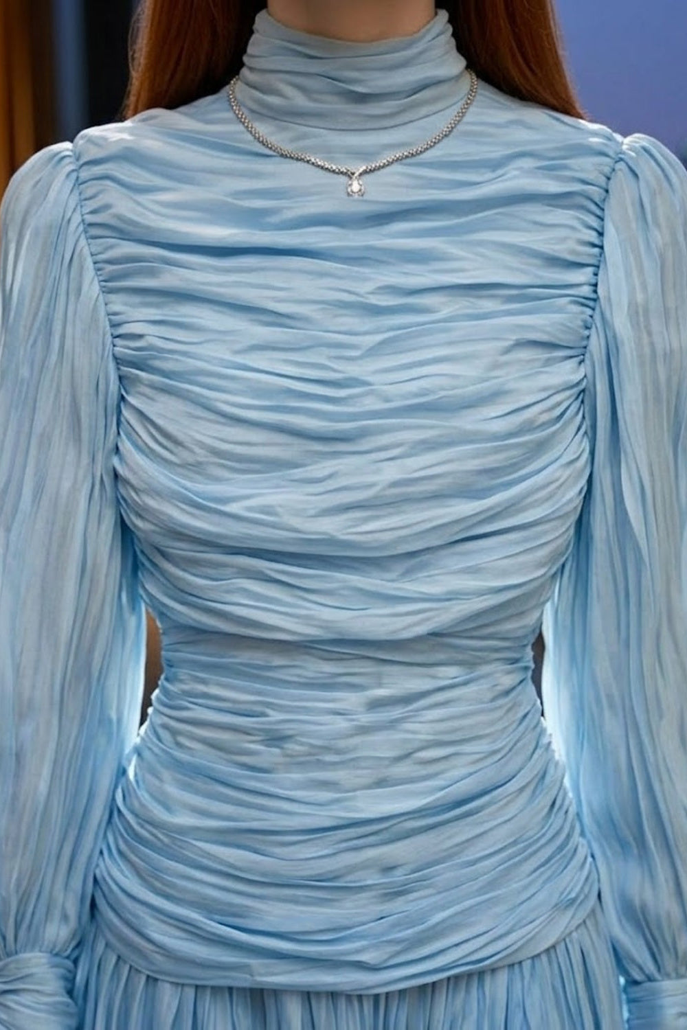 Sequin Blue A Line High Neck Long Prom Dress with Pleats