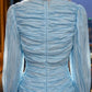 Sequin Blue A Line High Neck Long Prom Dress with Pleats