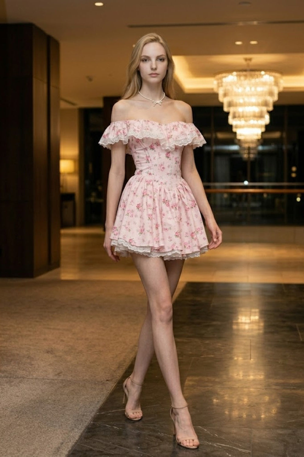 Pink Floral A Line Off the Shoulder Mini Homecoming Dress with Ruffle