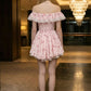 Pink Floral A Line Off the Shoulder Mini Homecoming Dress with Ruffle