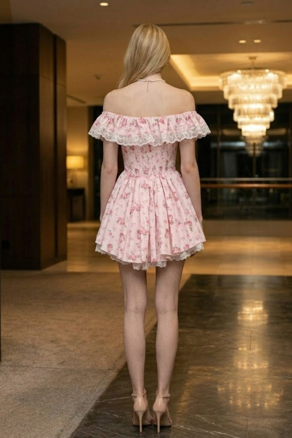 Pink Floral A Line Off the Shoulder Mini Homecoming Dress with Ruffle