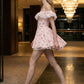 Pink Floral A Line Off the Shoulder Mini Homecoming Dress with Ruffle