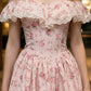 Pink Floral A Line Off the Shoulder Mini Homecoming Dress with Ruffle