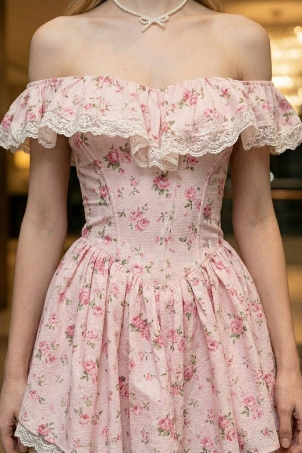 Pink Floral A Line Off the Shoulder Mini Homecoming Dress with Ruffle