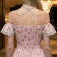 Pink Floral A Line Off the Shoulder Mini Homecoming Dress with Ruffle