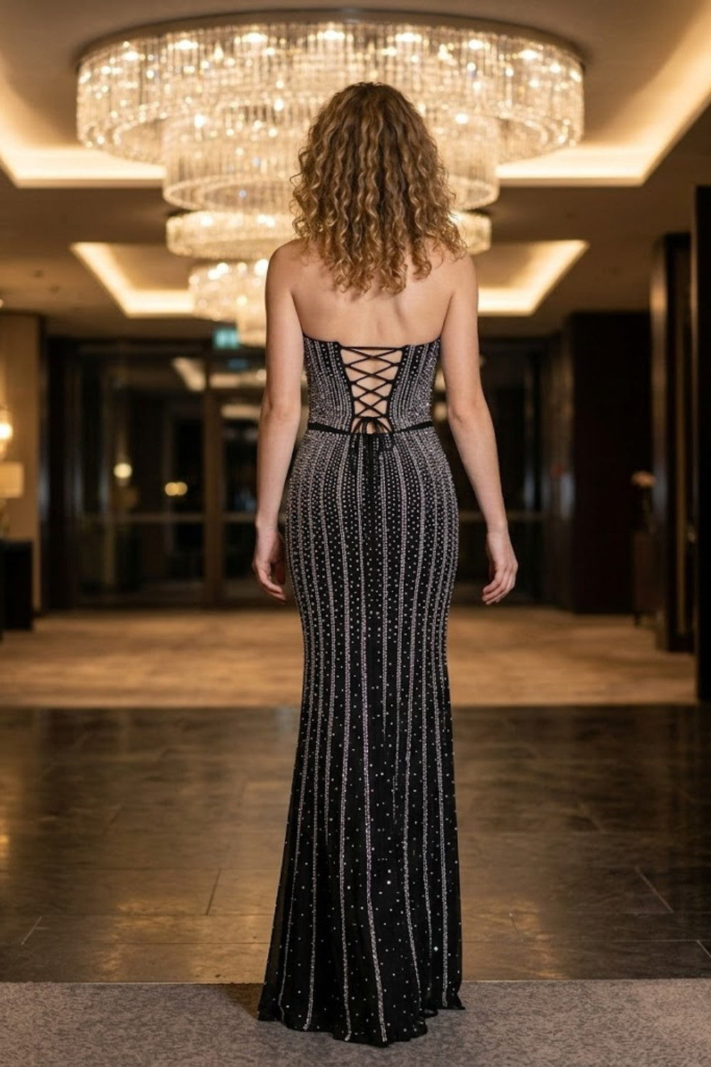 Black Sheath Strapless Long Formal Dress with Rhinestone