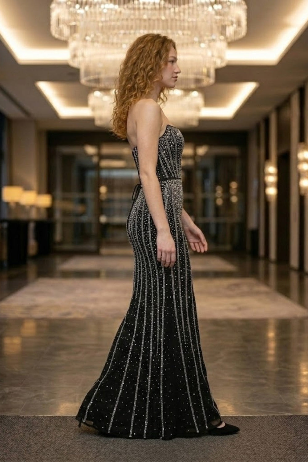 Black Sheath Strapless Long Formal Dress with Rhinestone