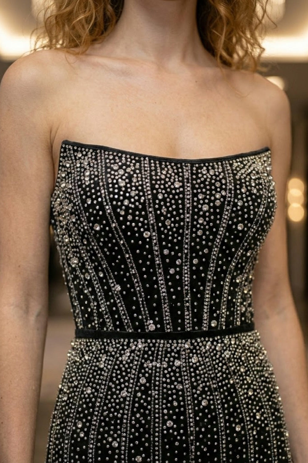 Black Sheath Strapless Long Formal Dress with Rhinestone