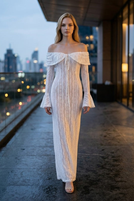 White Sheath Off the Shoulder Long Prom Dress