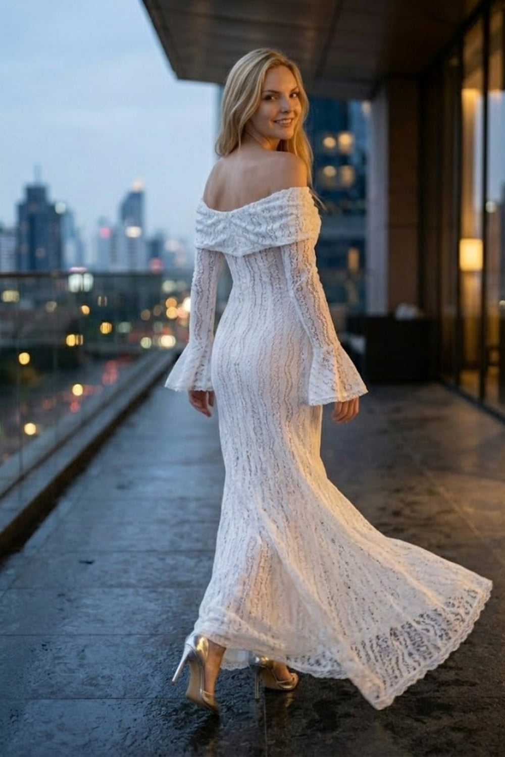 White Sheath Off the Shoulder Long Prom Dress