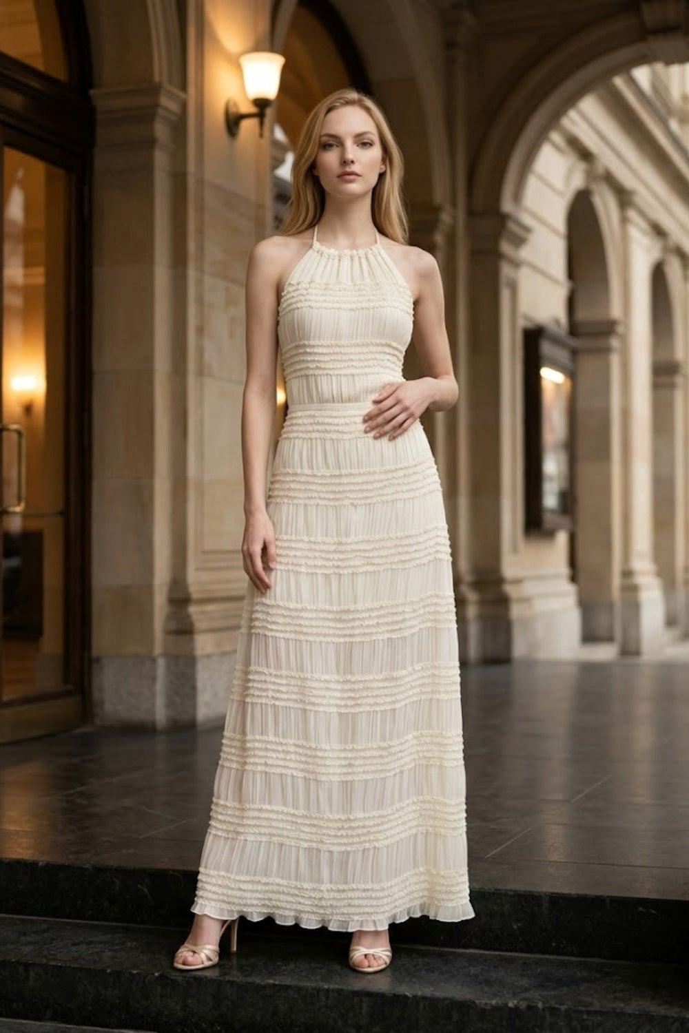 White Sheath Halter Long Prom Dress