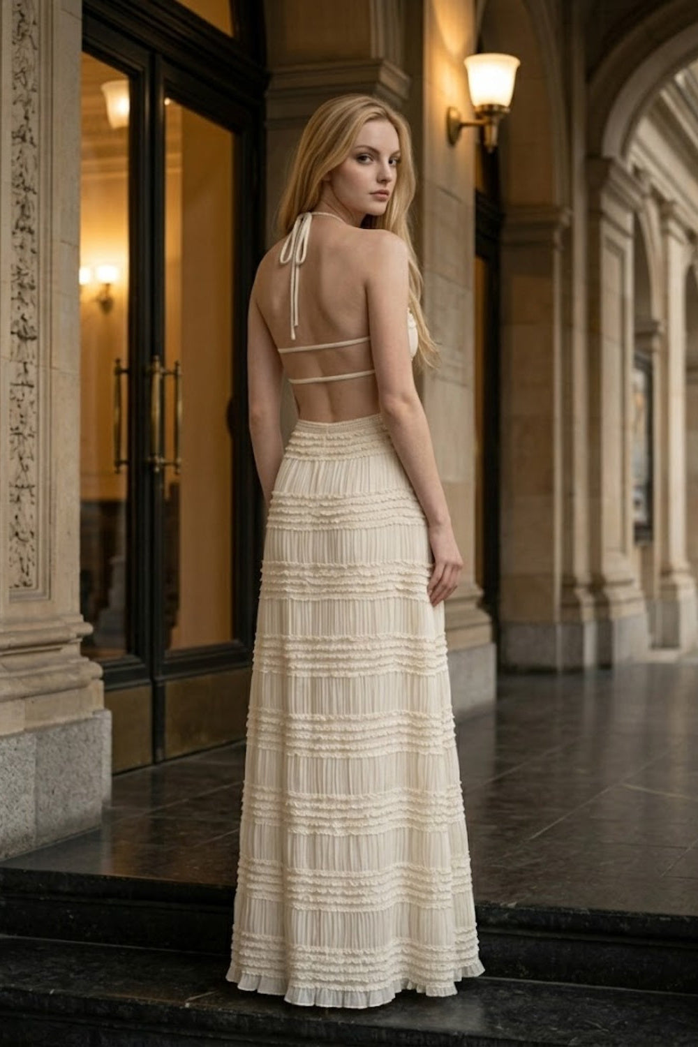 White Sheath Halter Long Prom Dress