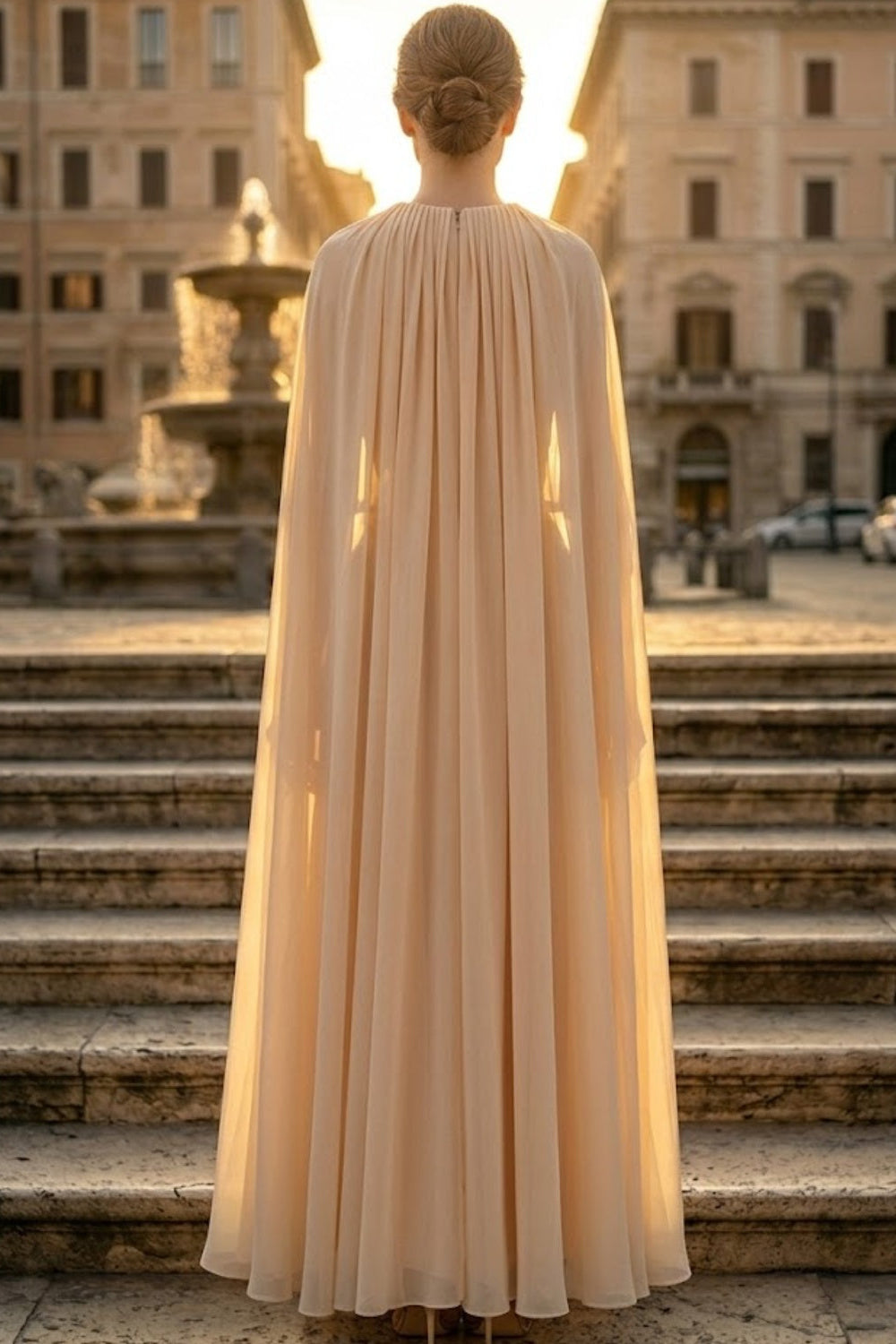 Champagne A Line Round Neck Long Formal Dress with Cape