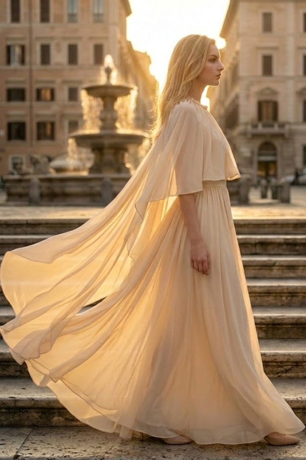 Champagne A Line Round Neck Long Formal Dress with Cape