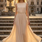 Champagne A Line Round Neck Long Formal Dress with Cape