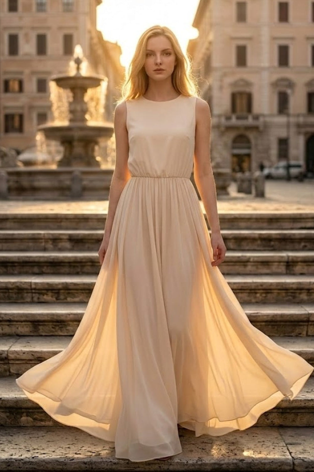 Champagne A Line Round Neck Long Formal Dress with Cape