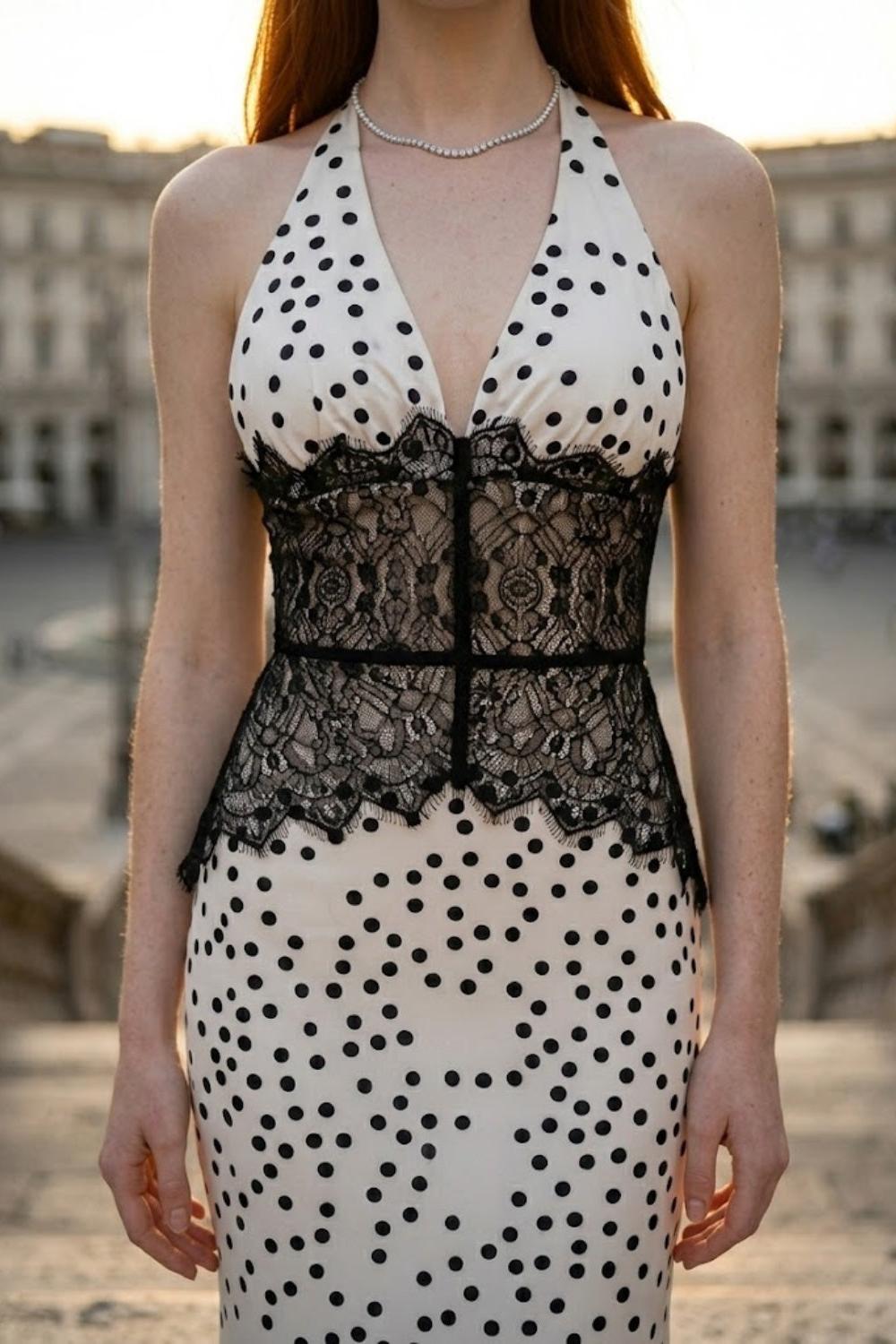 White Polka Dots Sheath Halter Long Prom Dress with Lace