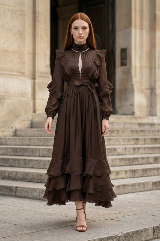 Brown A Line High Neck Long Formal Dress with Keyhole