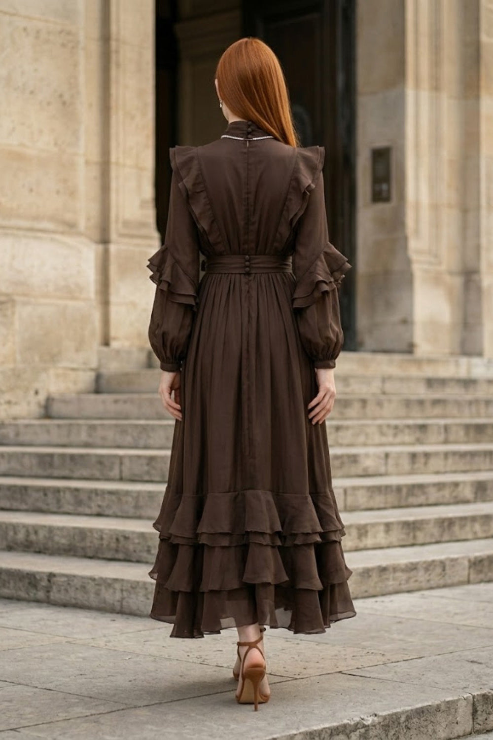 Brown A Line High Neck Long Formal Dress with Keyhole