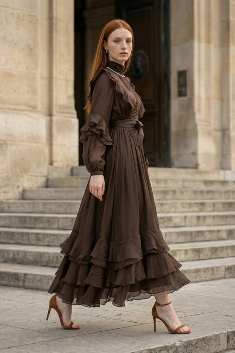 Brown A Line High Neck Long Formal Dress with Keyhole