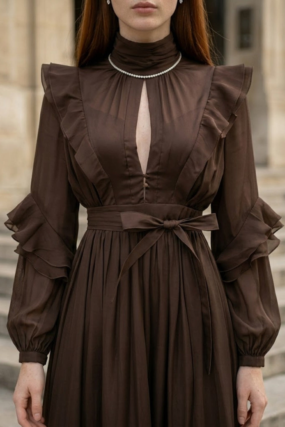 Brown A Line High Neck Long Formal Dress with Keyhole