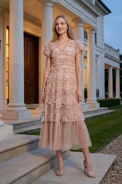 Blush Pink A Line V Neck Long Prom Dress with Fringes
