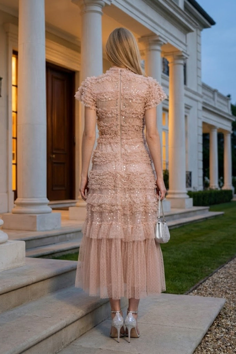 Blush Pink A Line V Neck Long Prom Dress with Fringes