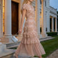 Blush Pink A Line V Neck Long Prom Dress with Fringes
