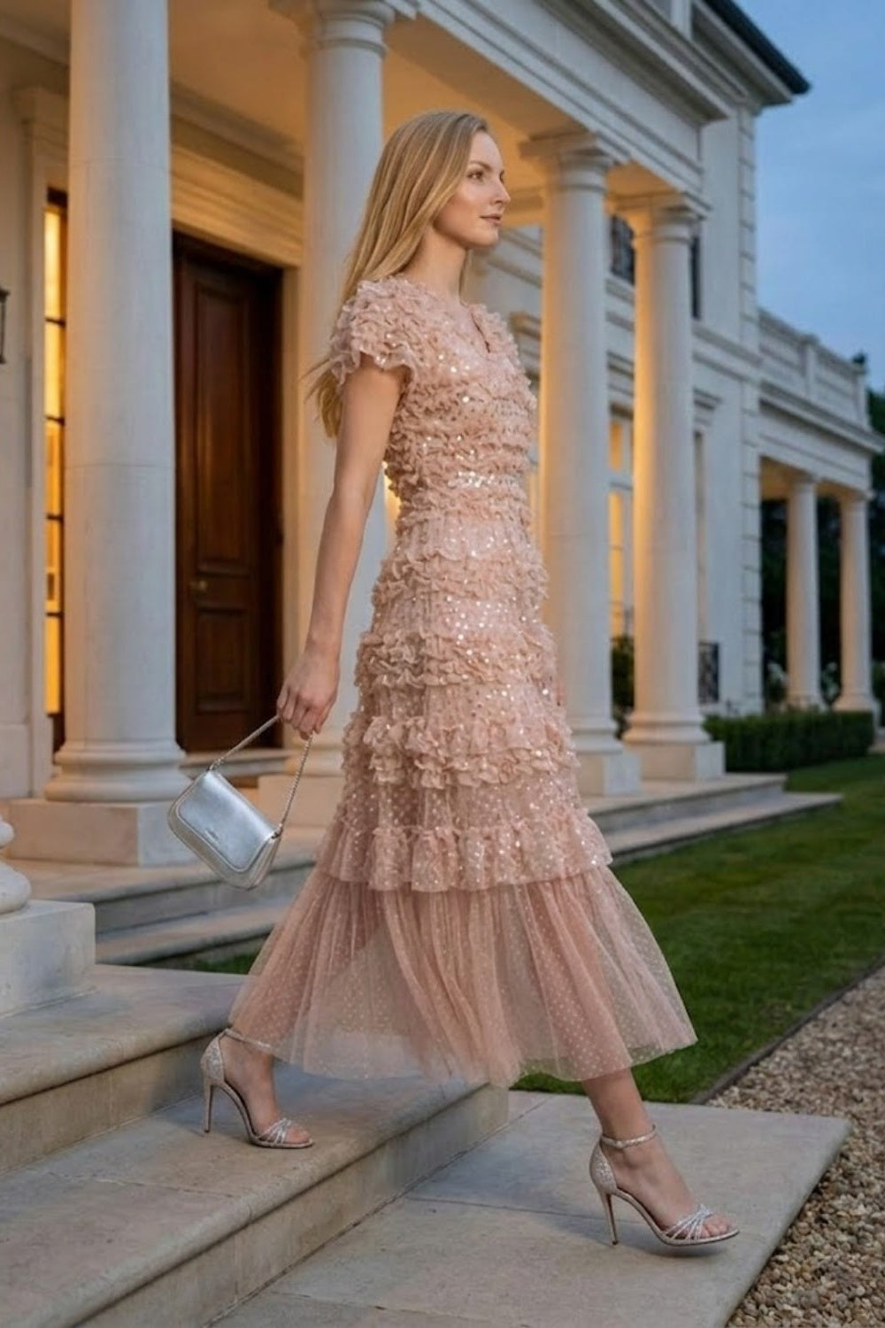 Blush Pink A Line V Neck Long Prom Dress with Fringes