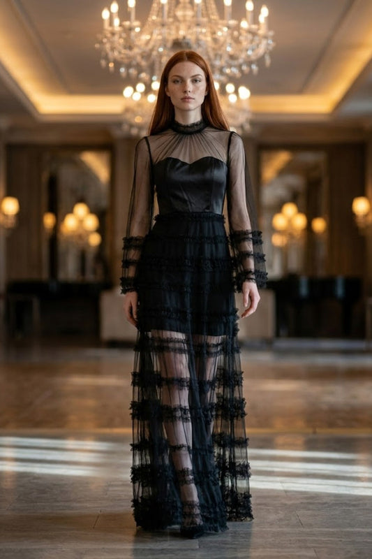 Black A Line Illusion Neck Long Prom Dress