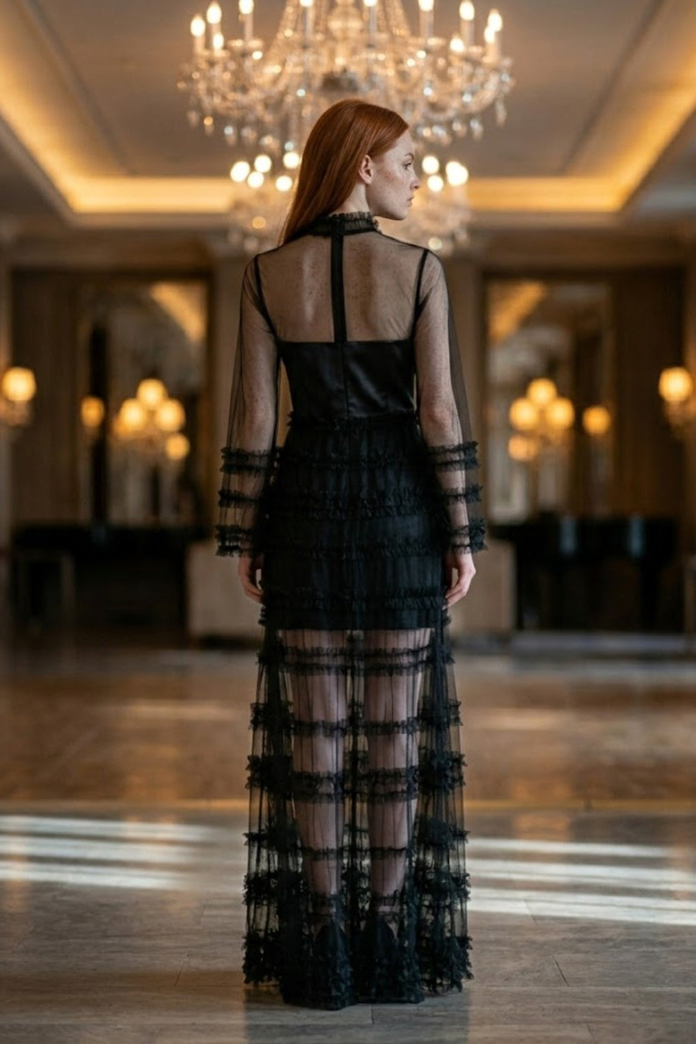 Black A Line Illusion Neck Long Prom Dress