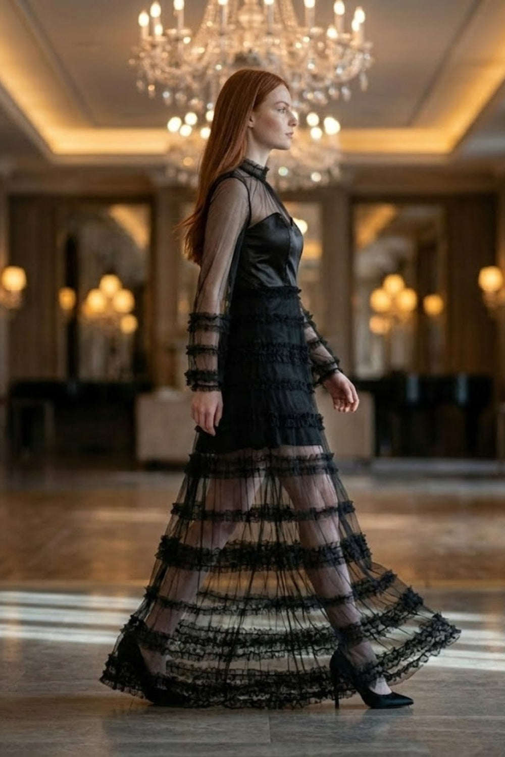 Black A Line Illusion Neck Long Prom Dress