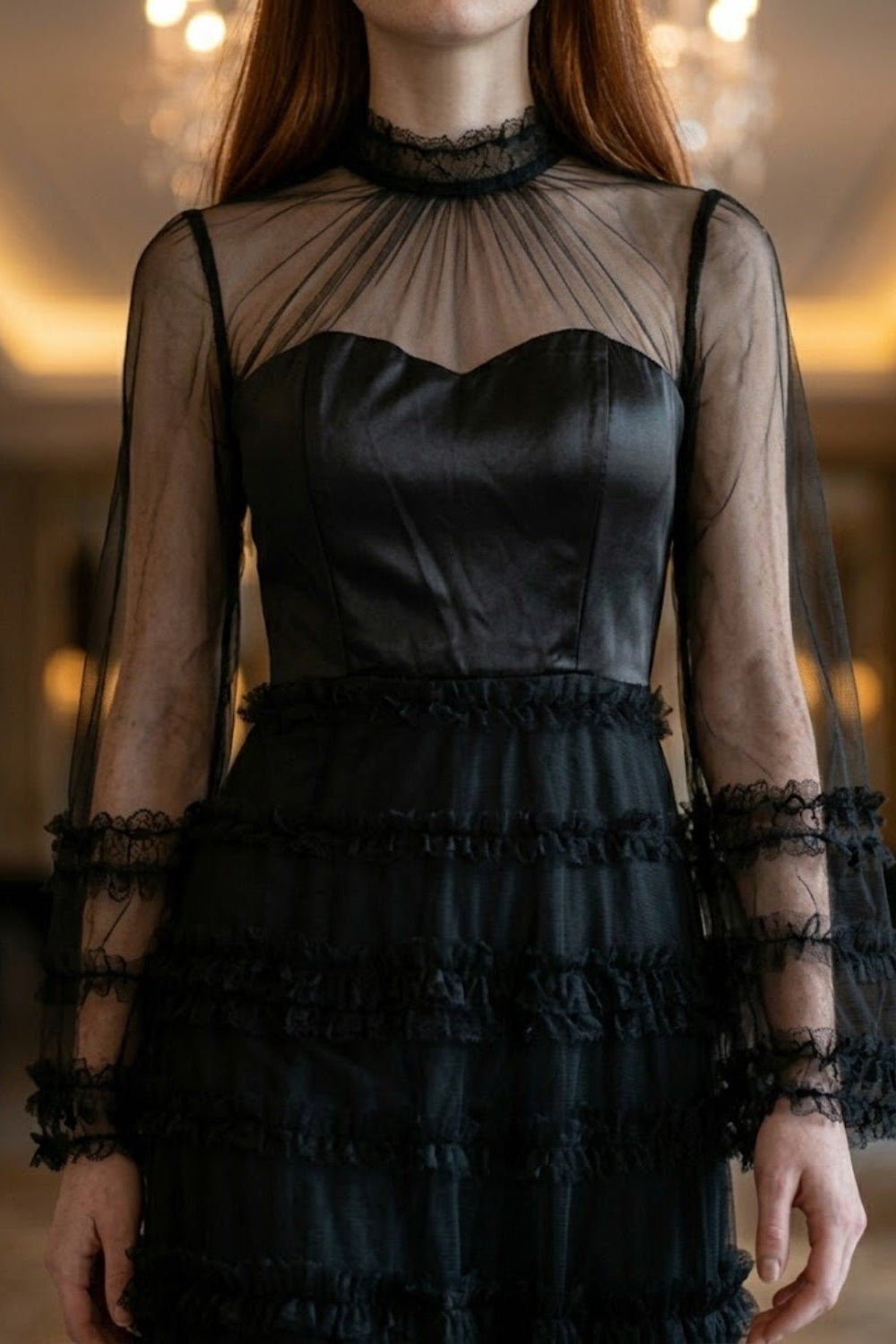 Black A Line Illusion Neck Long Prom Dress
