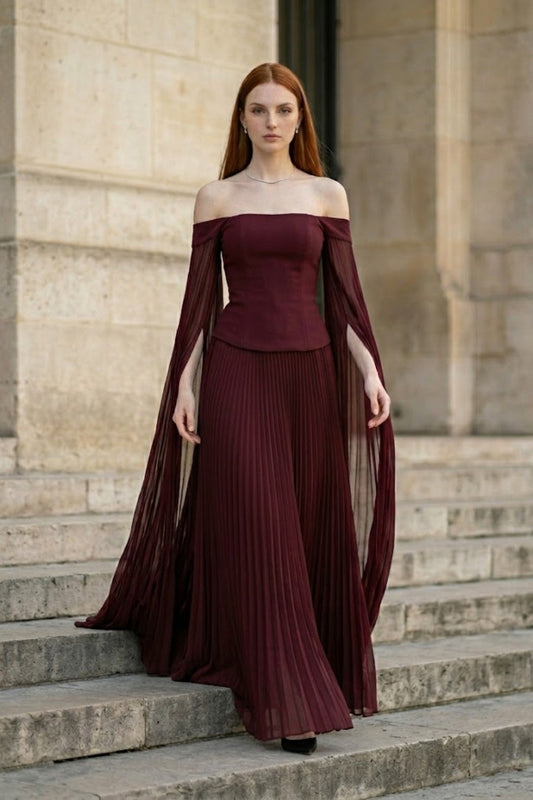 Burgundy A Line Off the Shoulder Long Formal Dress with Pleats