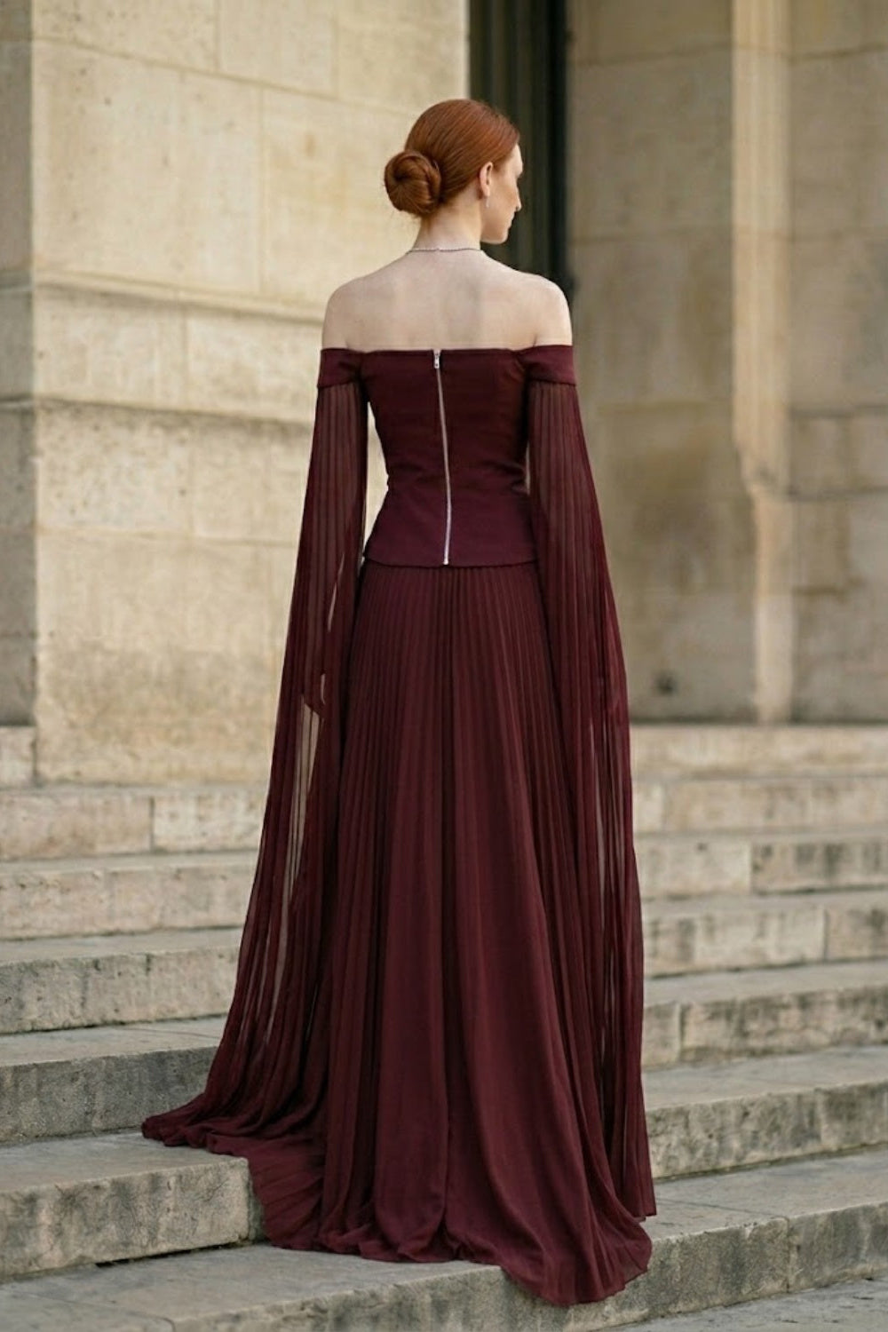 Burgundy A Line Off the Shoulder Long Formal Dress with Pleats