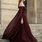 Burgundy A Line Off the Shoulder Long Formal Dress with Pleats