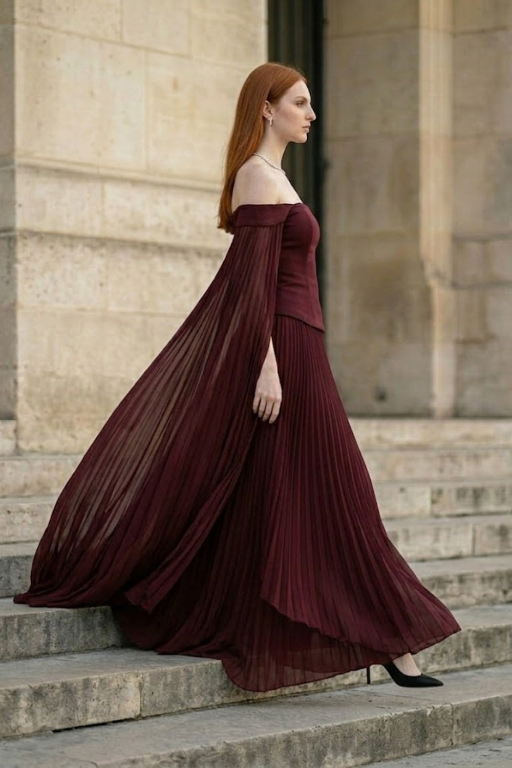 Burgundy A Line Off the Shoulder Long Formal Dress with Pleats