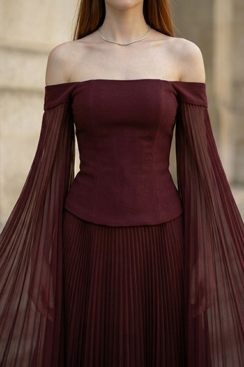 Burgundy A Line Off the Shoulder Long Formal Dress with Pleats