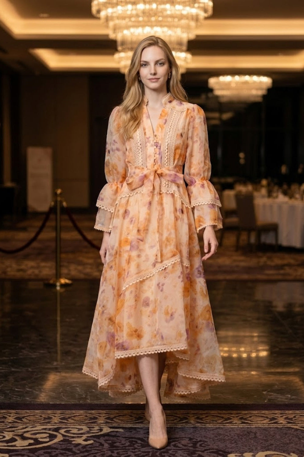Orange Floral A Line V Neck Midi Prom Dress with Sash