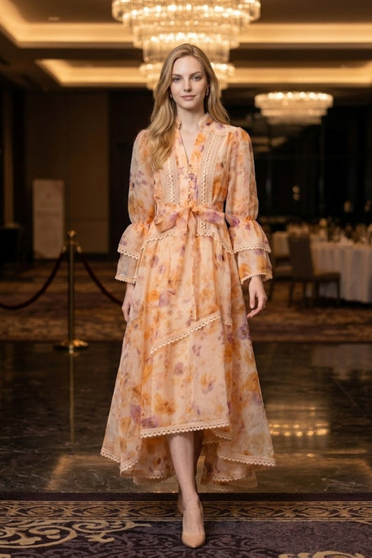 Orange Floral A Line V Neck Midi Prom Dress with Sash