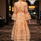 Orange Floral A Line V Neck Midi Prom Dress with Sash