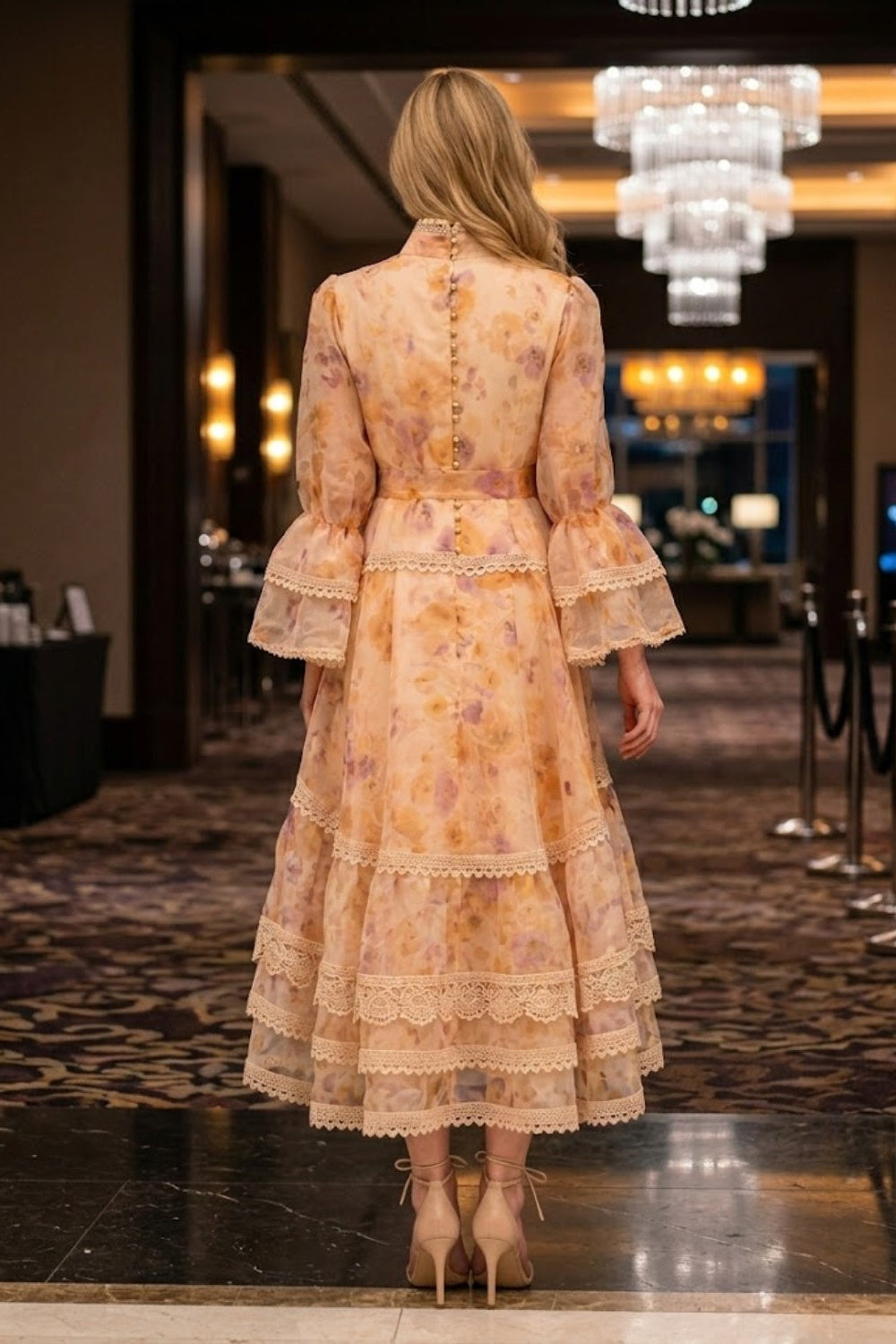 Orange Floral A Line V Neck Midi Prom Dress with Sash